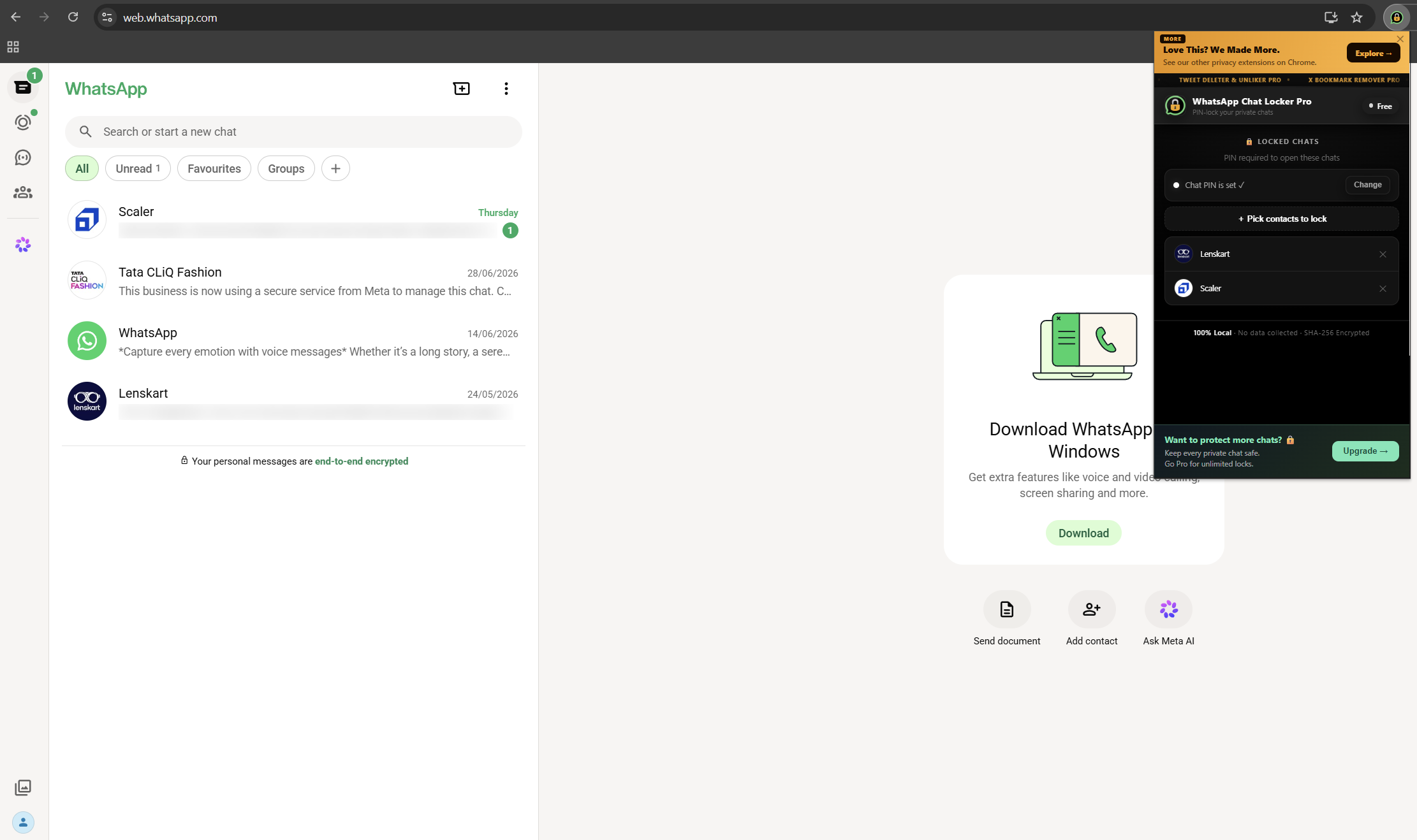 Extension dashboard with locked chats list